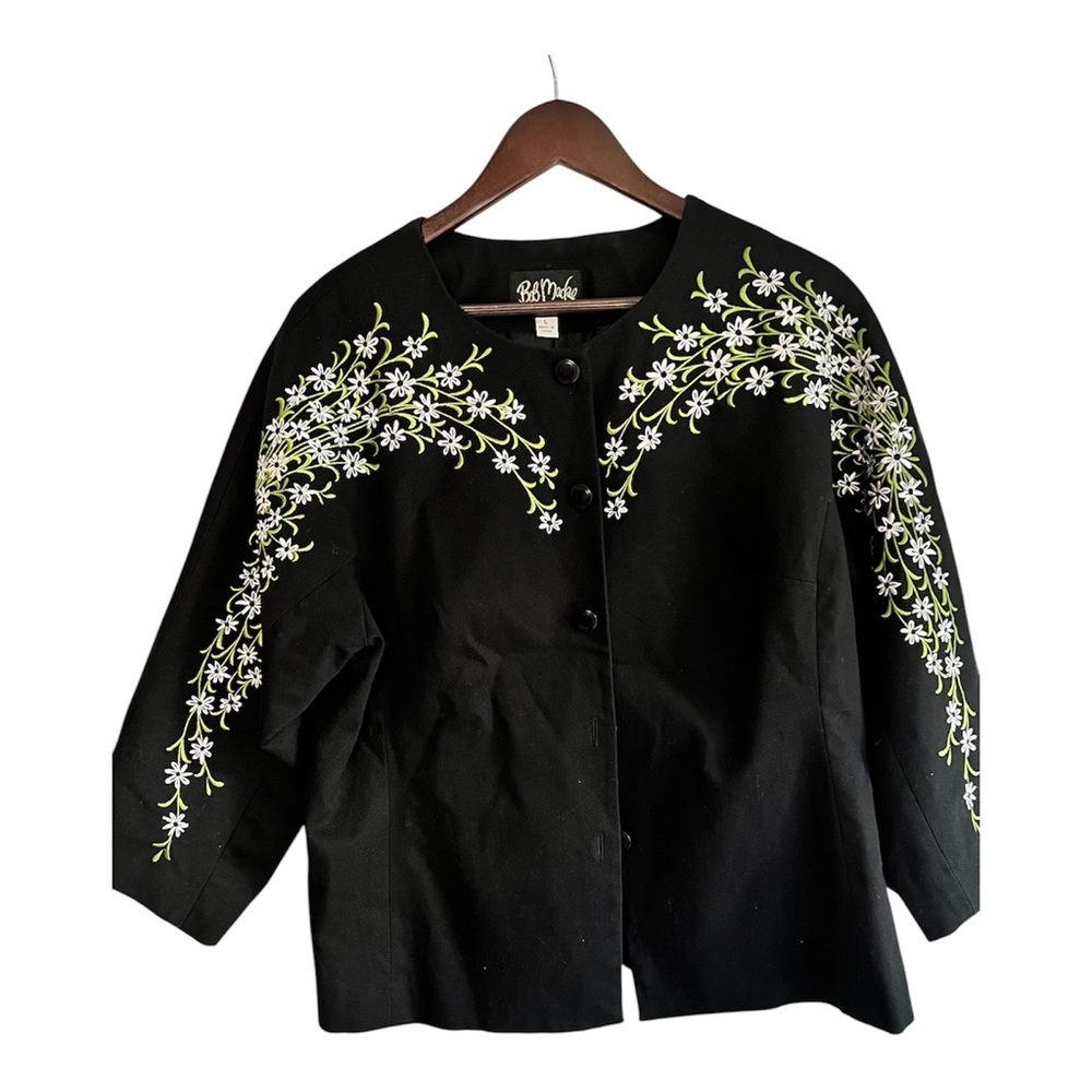 Bob Mackie Women's Collarless Jacket Black Blouse Wearable Art Floral Sz Lg EUC!